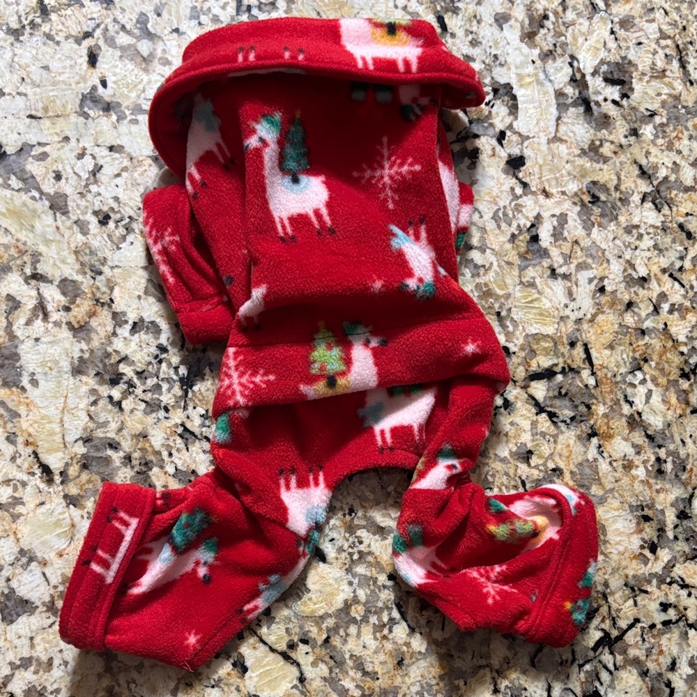 Red Fleece Dog Pajamas with Christmas Llama print